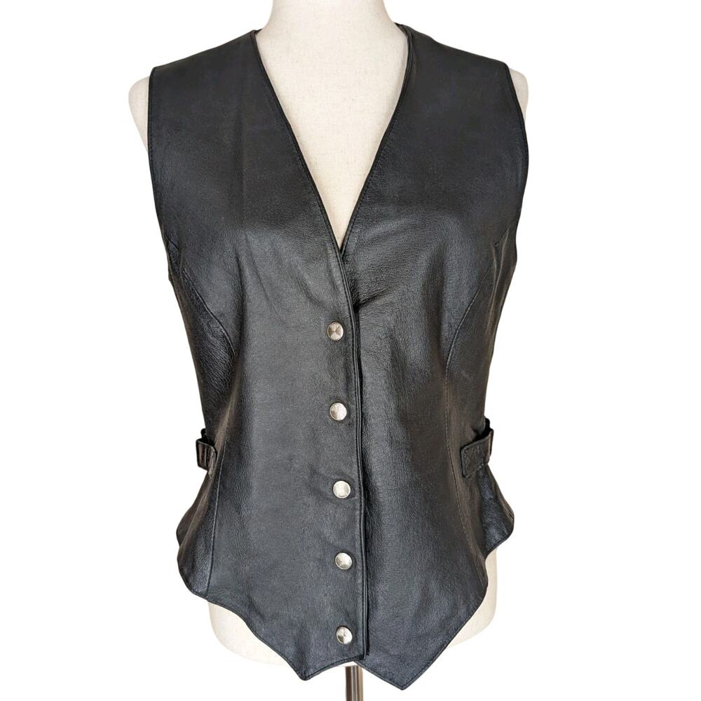 Vintage Wilson Black Leather Vest Womens Medium Biker Motorcycle Snaps Punk Rock